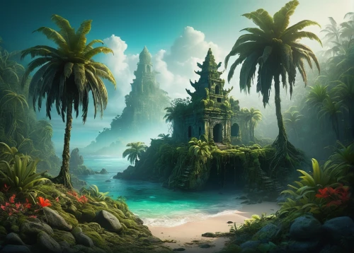 cartoon video game background,underwater oasis,tropical island,fantasy landscape,an island far away landscape,tropical sea,tropical jungle,java island,tropical forest,ocean paradise,lagoon,landscape background,oasis,palmtrees,tropical beach,the island,neotropical,fantasy picture,ocean background,paradisus,Illustration,Abstract Fantasy,Abstract Fantasy 01