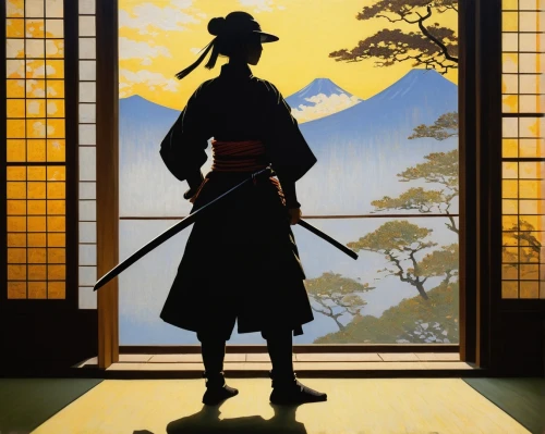 samurai,ukiyoe,masamune,michizane,kyudo,hakama,iaido,bujinkan,yojimbo,daimyos,samourai,samurai fighter,sanosuke,kusarigama,silhouette of man,shinsengumi,art silhouette,silhouette art,shogunate,naginata,Art,Artistic Painting,Artistic Painting 04