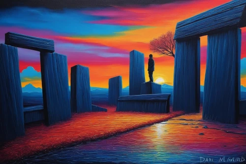 siggeir,stonehenge,henge,egyptian temple,luminarias,pandorica,portals,art painting,marciulionis,oil painting on canvas,pillars,heaven gate,stone gate,megalithic,surrealism,gateway,standing stones,mostovoy,ring of brodgar,brodgar,Illustration,Realistic Fantasy,Realistic Fantasy 25