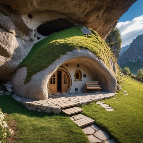cave church,earthship,house in the mountains,stone oven,igloos,house in mountains,hobbit,miniature house,superadobe,hobbiton,cappadocia,beautiful home,teardrop camper,grass roof,alpine village,igloo,dreamhouse,cubic house,mountain settlement,stone house,Photography,General,Realistic