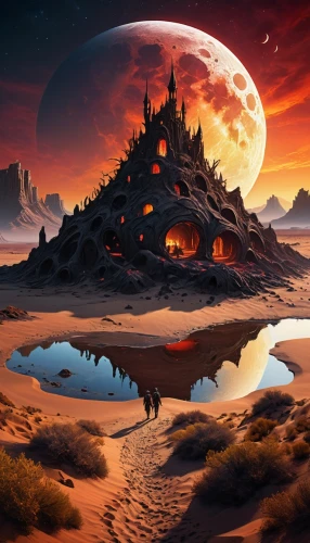 fantasy landscape,lunar landscape,fantasy picture,3d fantasy,barsoom,alien planet,moonscape,volcanic landscape,fantasy art,futuristic landscape,alien world,desert landscape,fire planet,dreamscape,fractal environment,dune landscape,moon valley,world digital painting,fantasy world,desert desert landscape,Illustration,Abstract Fantasy,Abstract Fantasy 05