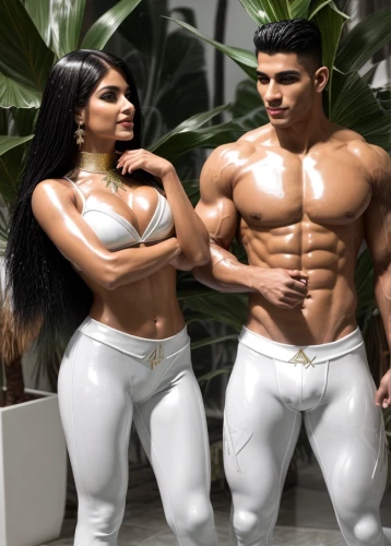 derivable,bodybuilders,polykleitos,musclemen,polynesians,black couple,salick,pair of dumbbells,adam and eve,musclebound,physiques,white clothing,orishas,loincloths,baras,salvadorans,body building,hardbodies,3d rendered,chippendales