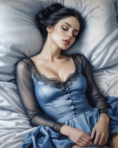 woman on bed,the sleeping rose,blue pillow,sleeping rose,sleeping beauty,girl in bed,rose sleeping apple,woman laying down,indolent,arwen,photorealist,sleeping,nightdress,oreiro,languid,relaxed young girl,sogni,margaery,slumberland,dreamfall,Illustration,Realistic Fantasy,Realistic Fantasy 07