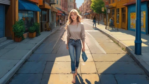 girl walking away,woman walking,world digital painting,girl in a long,digital painting,pedestrian,jeans background,photo painting,standing walking,jasinski,shopping street,rotoscoped,soho,a pedestrian,alley,rotoscoping,photorealist,donsky,fashion vector,blonde woman