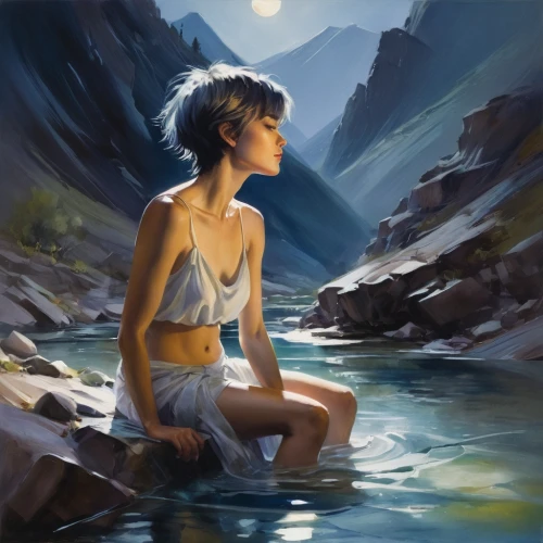 girl on the river,world digital painting,donsky,heatherley,digital painting,overpainting,tiber riven,blue painting,serene,piddling,cortana,naiad,water nymph,fantasy art,fantasy picture,moonlit,photo painting,moonlit night,blue waters,moonlight,Illustration,Paper based,Paper Based 11