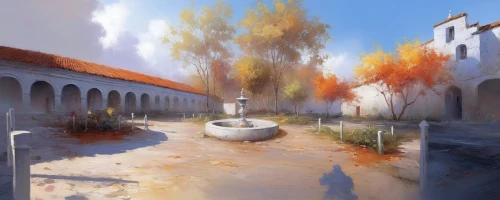 church painting,world digital painting,avernum,greywater,village fountain,overpainting,wishing well,water trough,water fountain,caravanserais,courtyards,novigrad,thermal spring,autumn landscape,caravanserai,masseria,medieval street,monastery,fantasy landscape,ancient city,Conceptual Art,Oil color,Oil Color 03