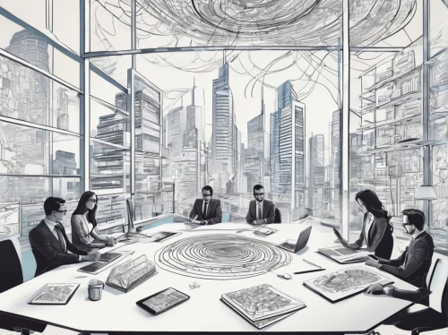 boardroom,board room,oscorp,boardrooms,conference room,conference table,meeting room,megacorporation,arcology,roundtable,sci fiction illustration,incorporated,futurists,lexcorp,deloitte,megacorporations,modern office,wildstorm,businesspeople,telecommuters,Illustration,Black and White,Black and White 05