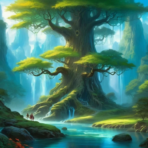 elven forest,fantasy picture,mirkwood,fantasy landscape,cartoon video game background,celtic tree,yggdrasil,fairy forest,tree of life,forest tree,magic tree,ents,druidism,enchanted forest,cartoon forest,mushroom landscape,alfheim,forest landscape,fantasy art,rainforests,Illustration,Realistic Fantasy,Realistic Fantasy 01