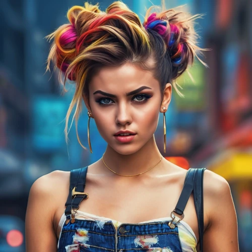 photoshop manipulation,topknot,rockabilly style,denim background,colorful background,welin,retro girl,penteado,image manipulation,world digital painting,pop art style,punk,retouching,photo manipulation,retro woman,adobe photoshop,kahlo,electropop,romiti,chola,Photography,General,Realistic