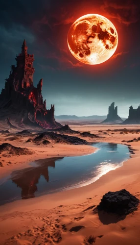 fire planet,scorched earth,alien planet,volcanic landscape,volcanic,burning earth,red planet,lunar landscape,alien world,firefall,moonscape,lava balls,gallifrey,molten,door to hell,red sun,fantasy picture,exoatmospheric,end of the world,lake of fire,Illustration,Realistic Fantasy,Realistic Fantasy 46