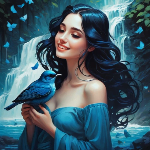 jasmine blue,blue bird,blue enchantress,blue butterflies,arwen,fantasy picture,blue birds and blossom,sea swallow,fairy tale character,fantasy art,fantasy portrait,fairie,faerie,romantic portrait,blue rose,mermaid background,amphitrite,faires,birds with heart,faery,Conceptual Art,Fantasy,Fantasy 21