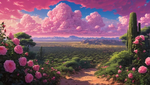 flowerful desert,mushroom landscape,desert landscape,bougainvilleans,desert desert landscape,fantasy landscape,blooming field,purple landscape,landscape rose,high landscape,virtual landscape,landscape background,nature landscape,paisaje,dune landscape,flower field,landscape,blooming trees,panoramic landscape,futuristic landscape,Illustration,Japanese style,Japanese Style 05