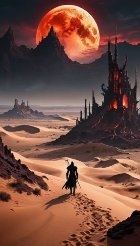 barsoom,arrakis,scorched earth,castlevania,mordor,tatooine,malazan,fantasy landscape,desert,fantasy picture,post-apocalyptic landscape,dune landscape,dune,desert background,desert landscape,geonosis,red planet,volcanic landscape,gallifrey,lunar landscape,Illustration,Realistic Fantasy,Realistic Fantasy 46