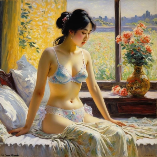 woman on bed,girl with cloth,tretchikoff,girl with cereal bowl,woman with ice-cream,dmitriev,woman sitting,vietnamese woman,girl in bed,young woman,bather,chudinov,relaxed young girl,odalisque,girl on the river,lobanov,adamov,zuoying,bedroom window,zaharoff,Art,Artistic Painting,Artistic Painting 04