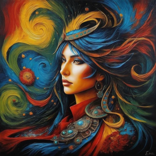 shamanic,shamanism,bohemian art,boho art,native american,gypsy soul,navaho,indigenous painting,mother earth,boho art style,american indian,warrior woman,diwata,shaman,mystical portrait of a girl,cherokee,indian headdress,anishinabe,pachamama,navajo,Illustration,Realistic Fantasy,Realistic Fantasy 06
