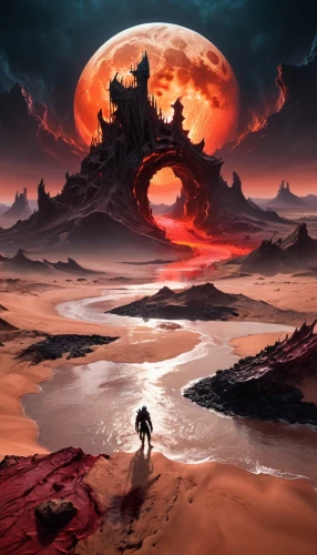 badland,arrakis,scorched earth,barsoom,alien planet,red planet,fire planet,lunar landscape,fantasy landscape,volcanic landscape,red sun,volcanic,world digital painting,primordia,fantasy picture,alien world,dune landscape,wasteland,apocalyptic,dune,Illustration,Realistic Fantasy,Realistic Fantasy 47