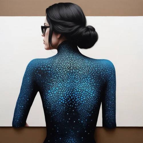bodypainting,bodypaint,neon body painting,body painting,body art,rankin,sagmeister,dots,cheongsam,hirst,kusama,stellations,constellation,blue spheres,dotted,paint spots,drawing with light,constellations,geometric body,chalk drawing,Illustration,Black and White,Black and White 09