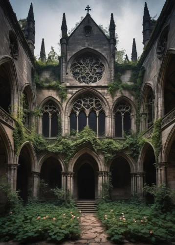 haunted cathedral,cloister,cathedrals,sunken church,cloisters,monastery,cathedral,gothic church,hall of the fallen,monastic,forest chapel,buttresses,cloistered,buttressed,abandoned place,neogothic,rivendell,hogwarts,oxbridge,abandoned places,Art,Classical Oil Painting,Classical Oil Painting 26