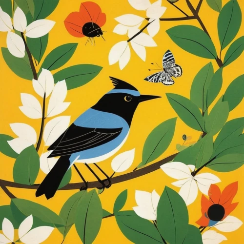 flower and bird illustration,blue birds and blossom,bananaquit,spring bird,bird illustration,song bird,bushshrikes,meadow bird,blue bird,cotinga,bird pattern,bird flower,garden birds,bird painting,songbirds,tanagers,fairywren,pajaro,magpie,birdsong,Illustration,Vector,Vector 13