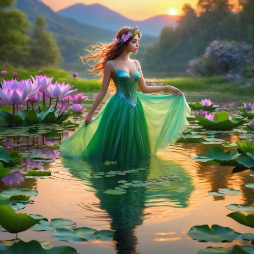 celtic woman,flower of water-lily,fantasy picture,waterlily,water lily,faery,riverdance,waterlilies,water lilies,faerie,water lilly,water lotus,lotus blossom,enchanting,lily pad,fairy queen,thumbelina,mermaid background,fairyland,fairytale,Illustration,Realistic Fantasy,Realistic Fantasy 01