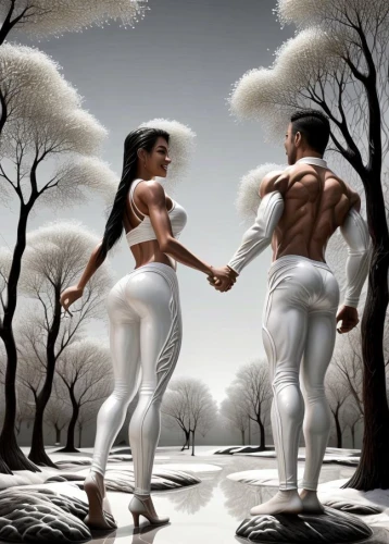 adam and eve,bodypainting,bodypaint,man and woman,body painting,jianfeng,naturists,girl and boy outdoor,dancing couple,donsky,garden of eden,romantic scene,fantasy picture,fantasy art,world digital painting,garamantes,bodybuilders,lacombe,polykleitos,white figures
