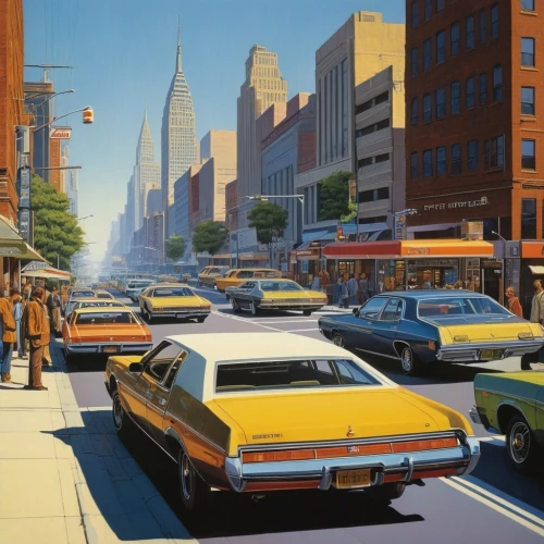 mcquarrie,photorealist,struzan,hildebrandt,mcquary,mcquade,city scape,taxicabs,ford granada,pedestrianisation,vanishing point,street scene,muscle car cartoon,yellow taxi,new york taxi,serigraphs,photorealism,supertramp,mcquaide,taxis,Conceptual Art,Sci-Fi,Sci-Fi 21