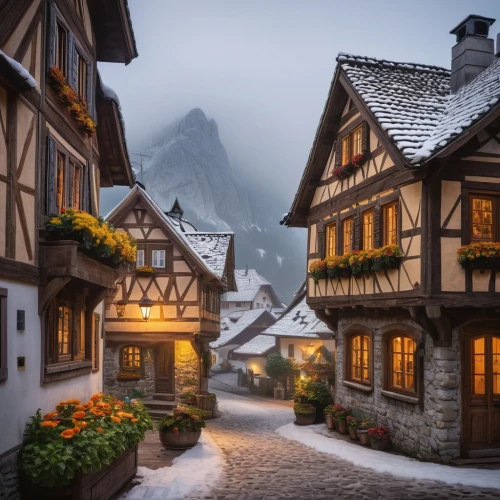 alpine village,half-timbered houses,mountain village,winter village,grindelwald,bernese highlands,escher village,hallstatt,medieval town,switzerland,half-timbered house,zermatt,medieval street,eastern switzerland,southeast switzerland,suiza,franconian switzerland,timbered,wooden houses,the alps,Illustration,Abstract Fantasy,Abstract Fantasy 17