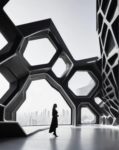 futuristic architecture,honeycomb structure,futuristic art museum,building honeycomb,arcology,structure silhouette,spaceframe,sky space concept,futuristic landscape,megastructure,hexagons,ultrastructure,cybercity,holodeck,oscorp,hexagonal,lexcorp,superstructures,latticework,cyberport,Illustration,Black and White,Black and White 33