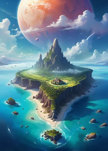 mushroom island,an island far away landscape,hoenn,fantasy landscape,islands,island,floating islands,flying island,the island,island suspended,futuristic landscape,floating island,islet,world digital painting,island of fyn,island of juist,isle,delight island,kei islands,kanto,Illustration,Realistic Fantasy,Realistic Fantasy 01