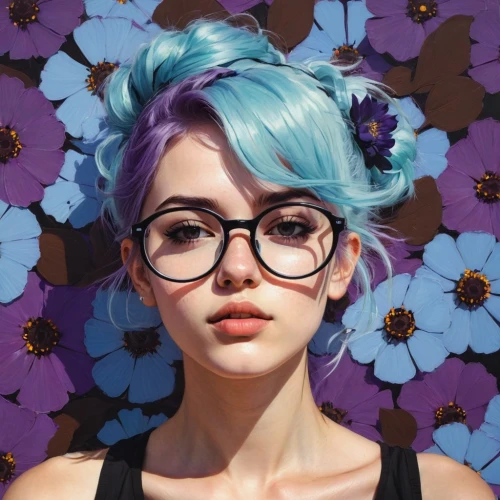 blue floral,blue daisies,portrait background,colorful floral,girl portrait,floral background,blue hair,girl in flowers,beautiful girl with flowers,blu flower,karou,color glasses,with glasses,cayetana,cartoon flowers,fantasy portrait,blue flowers,jasinski,retro flowers,jenji,Illustration,Paper based,Paper Based 19