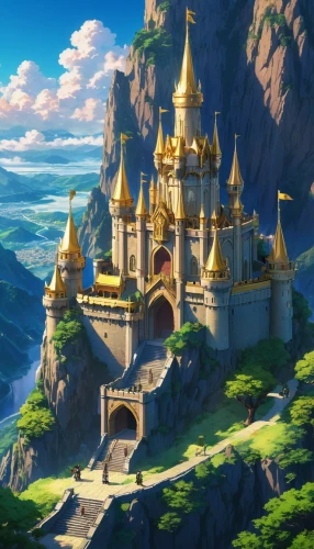 gold castle,fairy tale castle,ghibli,knight's castle,kingdom,citadels,alfheim,studio ghibli,summit castle,castlelike,fairytale castle,fantasy world,agrabah,disney castle,fantasy city,the golden pavilion,golden pavilion,kingdoms,castle,castel,Illustration,Japanese style,Japanese Style 03