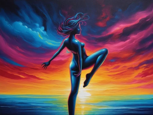 neon body painting,oil painting on canvas,andromeda,dubbeldam,oil painting,fantasia,oil on canvas,painting technique,siren,bodypainting,woman silhouette,colorful background,aura,art painting,bodypaint,varekai,aquarius,contradanza,pintura,girl in a long,Illustration,Realistic Fantasy,Realistic Fantasy 25