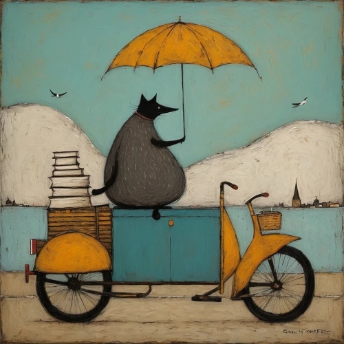 rickshaw,whimsical animals,brolly,bemelmans,bicyclette,bicycle ride,rain cats and dogs,ciclo,cyclist,bicycle,sidecar,carol colman,whimsical,bookmobile,alberty,bicycling,chair and umbrella,pluie,man with umbrella,janome chow,Art,Artistic Painting,Artistic Painting 49