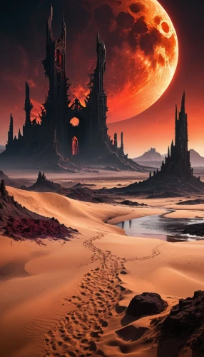 lunar landscape,alien planet,barsoom,red planet,scorched earth,fantasy landscape,alien world,dune landscape,futuristic landscape,volcanic landscape,moonscape,arrakis,desolation,primordia,fantasy picture,gallifrey,post-apocalyptic landscape,fire planet,dark world,darklands,Illustration,Realistic Fantasy,Realistic Fantasy 46