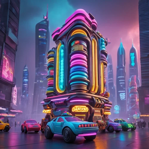 futuristic landscape,fantasy city,cybertown,futuristic car,autopia,futuristic,cybercity,colorful city,futurist,cyberpunk,drive-in theater,drive in restaurant,popmart,megacorporations,brum,futuristic architecture,futurepop,megapolis,3d car wallpaper,car hop,Unique,3D,Clay