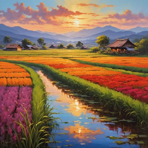 ricefield,rice fields,rice field,flower field,ricefields,tulips field,meadow landscape,the rice field,tulip field,landscape background,blooming field,field of flowers,tulip fields,japan landscape,rural landscape,yamada's rice fields,home landscape,splendor of flowers,purple landscape,flowers field,Photography,General,Realistic