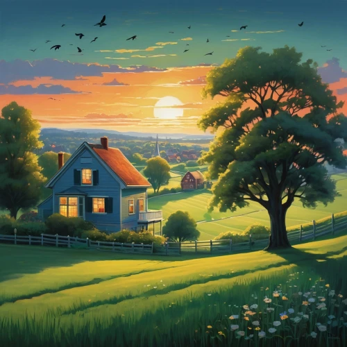 home landscape,landscape background,rural landscape,dutch landscape,farm landscape,meadow landscape,lonely house,summer cottage,coville,paysage,summer evening,countryside,nature landscape,windows wallpaper,cottage,farm background,evening atmosphere,landscape nature,landscape,little house,Illustration,Realistic Fantasy,Realistic Fantasy 15