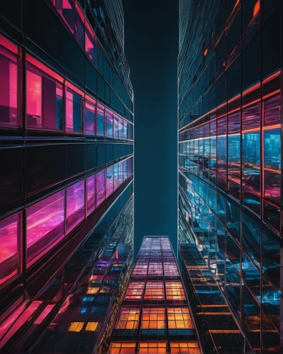 vertigo,skyscraper,colorful city,colored lights,skyscrapers,metropolis,ctbuh,urban towers,cyberpunk,tetris,hypermodern,skycraper,matrix,urban,high rises,city at night,cityscape,glass building,skyscraping,the skyscraper,Illustration,Black and White,Black and White 27