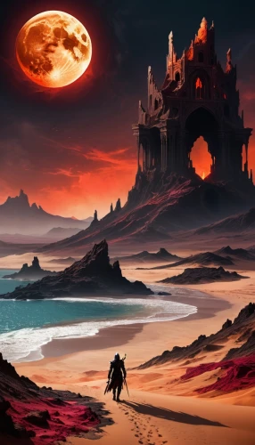 barsoom,lunar landscape,arrakis,fantasy landscape,red planet,badland,alien planet,fantasy picture,primordia,moonscape,dune landscape,scorched earth,dune sea,castlevania,dune,volcanic landscape,dark beach,world digital painting,fantasy art,post-apocalyptic landscape,Illustration,Realistic Fantasy,Realistic Fantasy 46