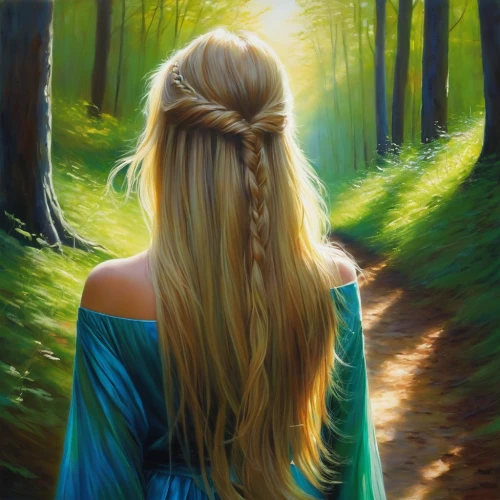 mystical portrait of a girl,galadriel,girl with tree,glorfindel,lorien,finrod,world digital painting,fantasy art,forest path,fantasy picture,faerie,oil painting on canvas,tresses,girl walking away,fantasy portrait,the mystical path,faery,margaery,eilonwy,pathway,Conceptual Art,Daily,Daily 32