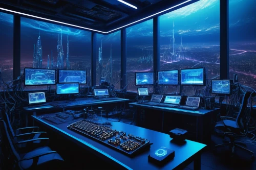 computer room,spaceship interior,the server room,ufo interior,cyberscene,control center,control desk,cyberport,futuristic landscape,cyberview,cybercity,aqua studio,cybertown,cyberspace,research station,computer workstation,modern office,blue room,computerized,scifi,Art,Classical Oil Painting,Classical Oil Painting 08