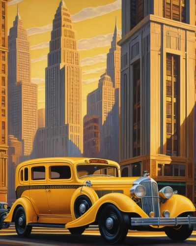 art deco,new york taxi,yellow taxi,fleetline,art deco background,1935 chrysler imperial model c-2,travel poster,yellow car,radebaugh,packard one-twenty,chrysler building,stratocruiser,retro automobile,packard 8,packard,bluemner,manhattan,buick eight,mcquarrie,serigraphs,Illustration,Retro,Retro 16