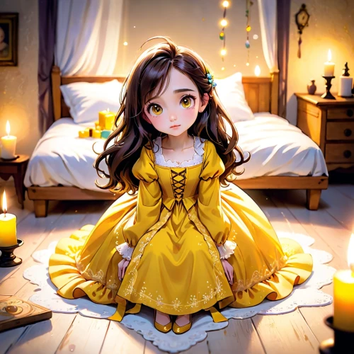 belle,peignoir,fairy tale character,dressup,little yellow,little princess,dress doll,nightgown,yellow bell,hanbok,megu,doll dress,yellow,candlelight,lumidee,yellow rose,nightdress,margaery,sylvania,chibi girl,Anime,Anime,Cartoon