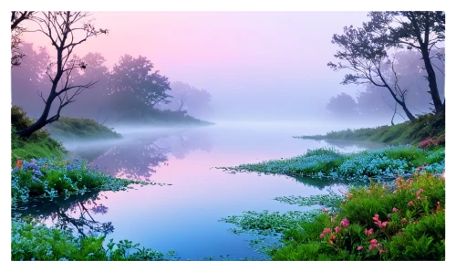 foggy landscape,river landscape,landscape background,nature background,morning mist,nature landscape,fantasy landscape,landscape nature,beautiful landscape,mists,nature wallpaper,swamps,purple landscape,monets,mist,waterbody,background view nature,wetland,waterscape,tranquility,Conceptual Art,Sci-Fi,Sci-Fi 23