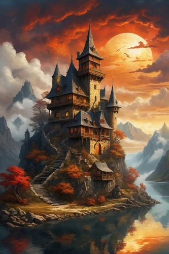 fantasy landscape,fantasy picture,witch's house,fairy tale castle,fantasy art,house with lake,house in mountains,fairytale castle,mountain settlement,summit castle,castle keep,knight's castle,castle of the corvin,house silhouette,witch house,lonely house,house in the mountains,haunted castle,ravenloft,ancient house,Photography,General,Natural