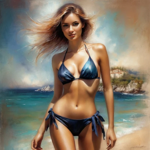 donsky,oil painting,azzurro,beach background,female model,the sea maid,world digital painting,italian painter,oil painting on canvas,airbrush,photo painting,beachwear,art painting,fantasy art,young woman,photorealist,follieri,beachgoer,zissman,blue painting,Conceptual Art,Daily,Daily 32