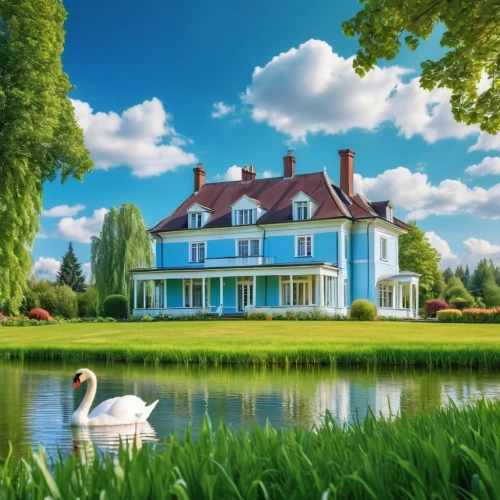 house with lake,home landscape,dreamhouse,country house,beautiful home,house by the water,houses clipart,landscape background,green landscape,background view nature,summer cottage,netherland,beautiful landscape,country estate,dutch landscape,paysage,house painting,danish house,idyllic,polders,Photography,General,Realistic