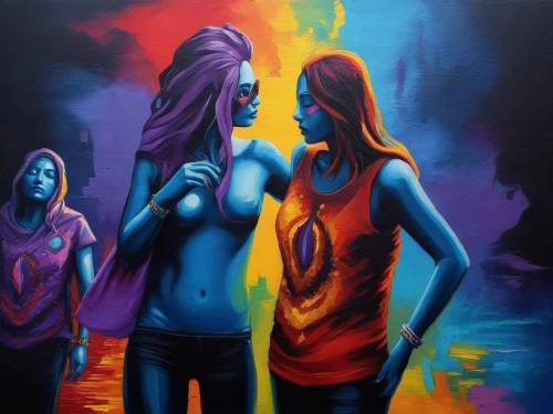welin,neon body painting,grafite,jasinski,two girls,bodypainting,demoiselles,priestesses,oil painting on canvas,rhinemaidens,graffiti art,spray paint,peintre,emic,maidens,adolescentes,body painting,young women,ladyland,street artists,Illustration,Realistic Fantasy,Realistic Fantasy 25