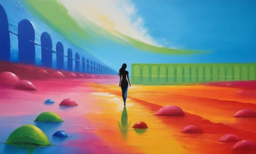 dubbeldam,rainbow bridge,colorful background,art painting,background colorful,woman walking,color wall,abstract painting,oil painting on canvas,harmony of color,coloristic,girl walking away,dreamscape,color fields,pintura,abstract rainbow,synaesthesia,girl in a long,passage,pathway,Illustration,Vector,Vector 07