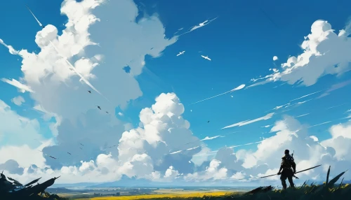 dandelion field,summer sky,plains,bluesky,blue sky,dandelion background,skies,dandelion meadow,blue sky clouds,cloudlike,blooming field,sky,blue sky and clouds,skyscape,horizon,landscape background,cloudstreet,wander,cloud,the horizon,Conceptual Art,Fantasy,Fantasy 06